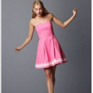 Lilly Pulitzer Strapless Pink Blossom Dress with White Lace Size 2